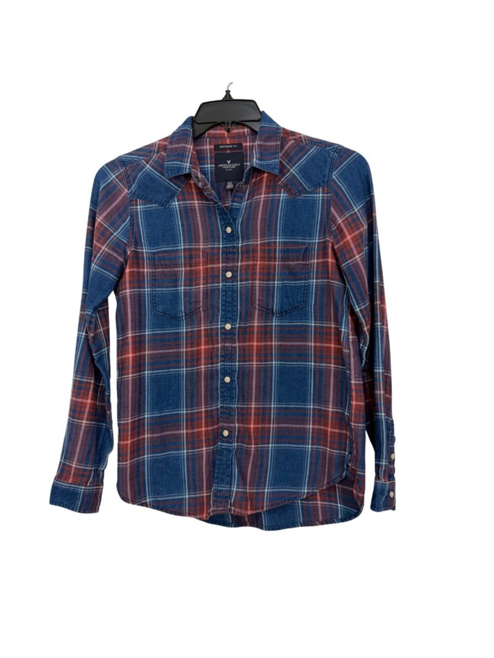 American Eagle Women Size XS Boyfriend Fit Blue Plaid Snap Button-Down Shirt